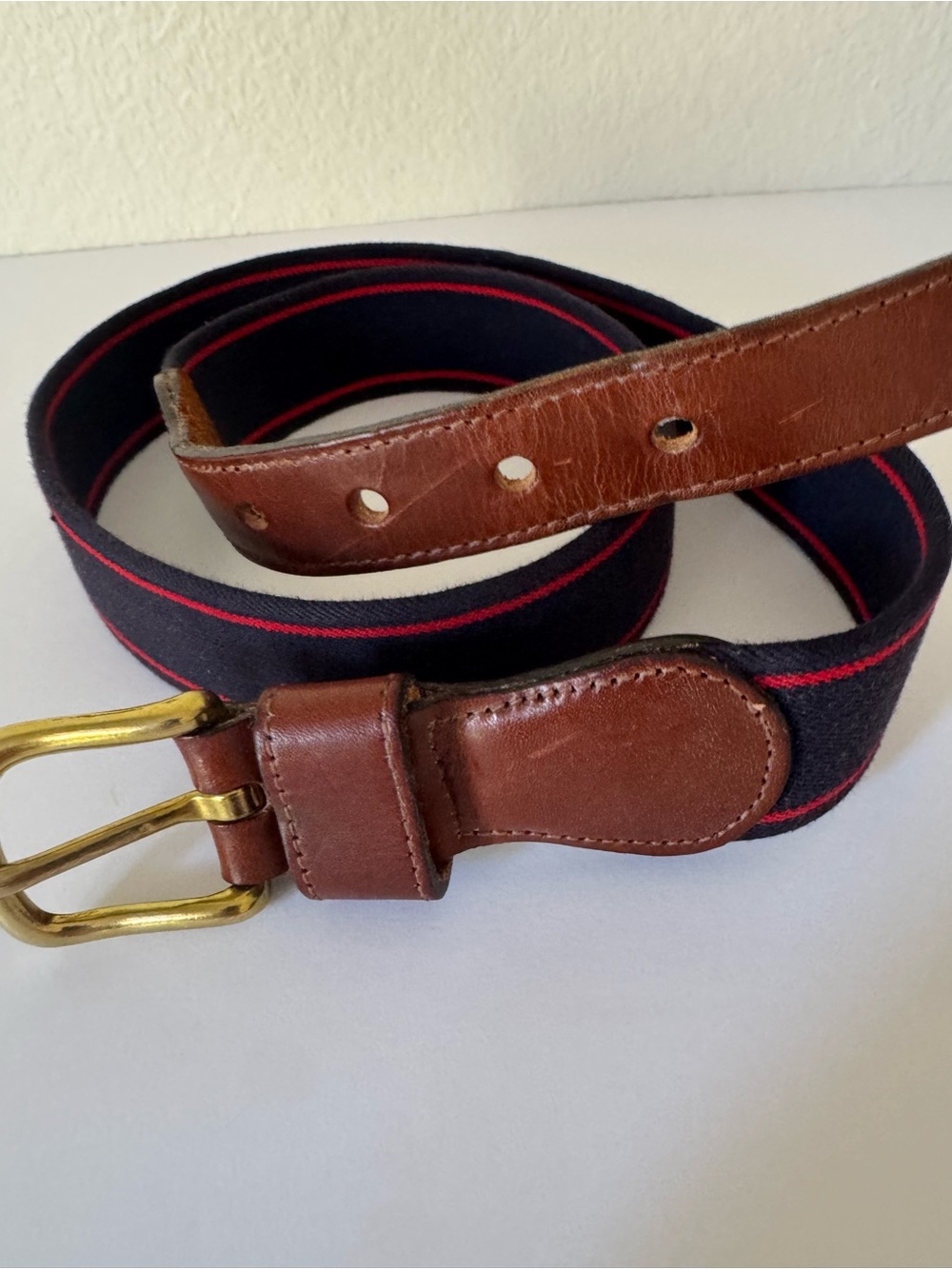 Coach Navy Web Belt with Red Stripe and Brown Bridle Leather Trim/Brass Buckle